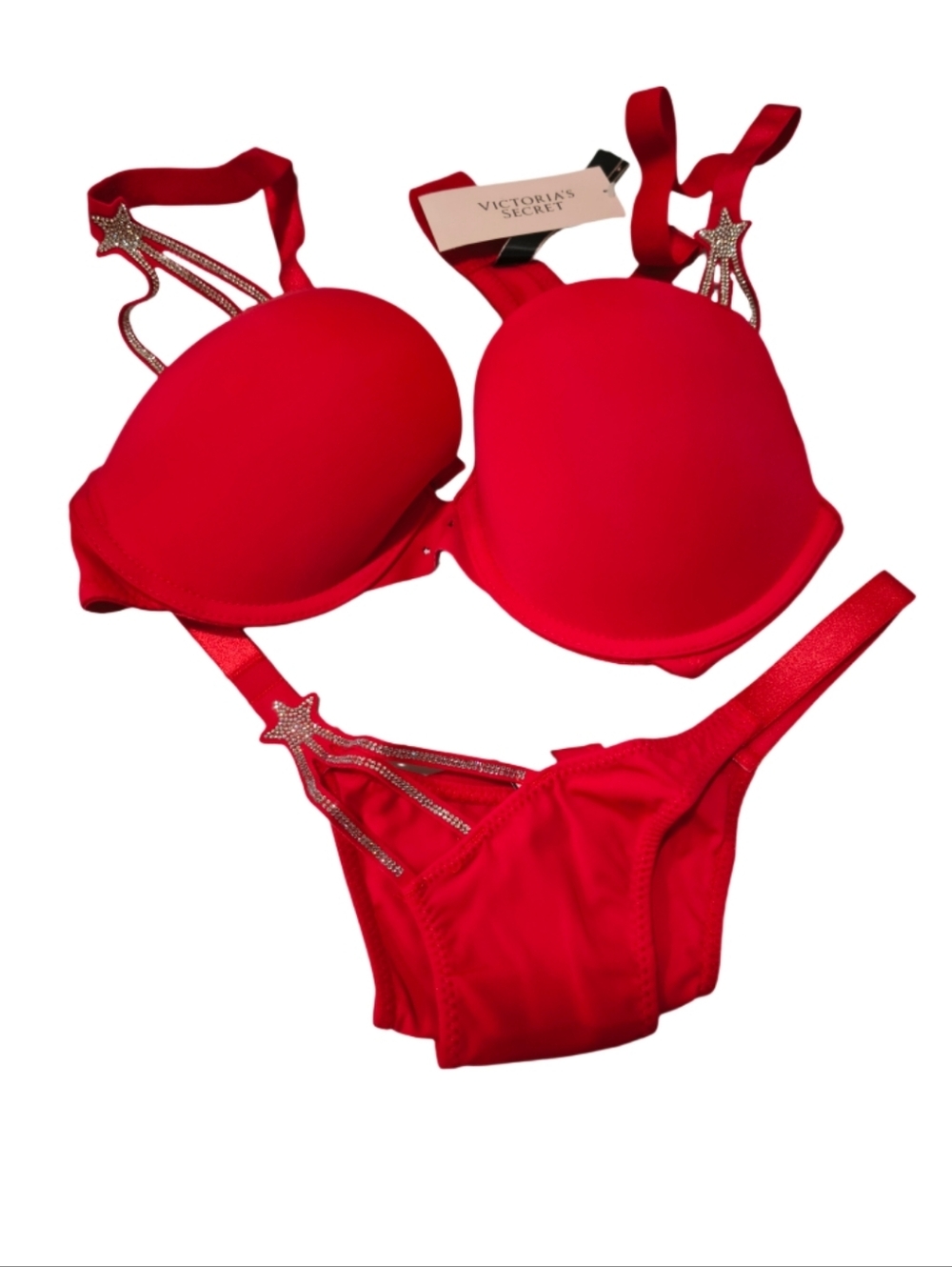 NWT Victoria's Secret Red Push-Up Bra & Panty Set Rhinestone Stars Size 34c